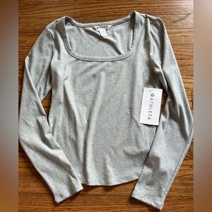 Athleta Ribbed Square Neck Light Gray Long Sleeve Top